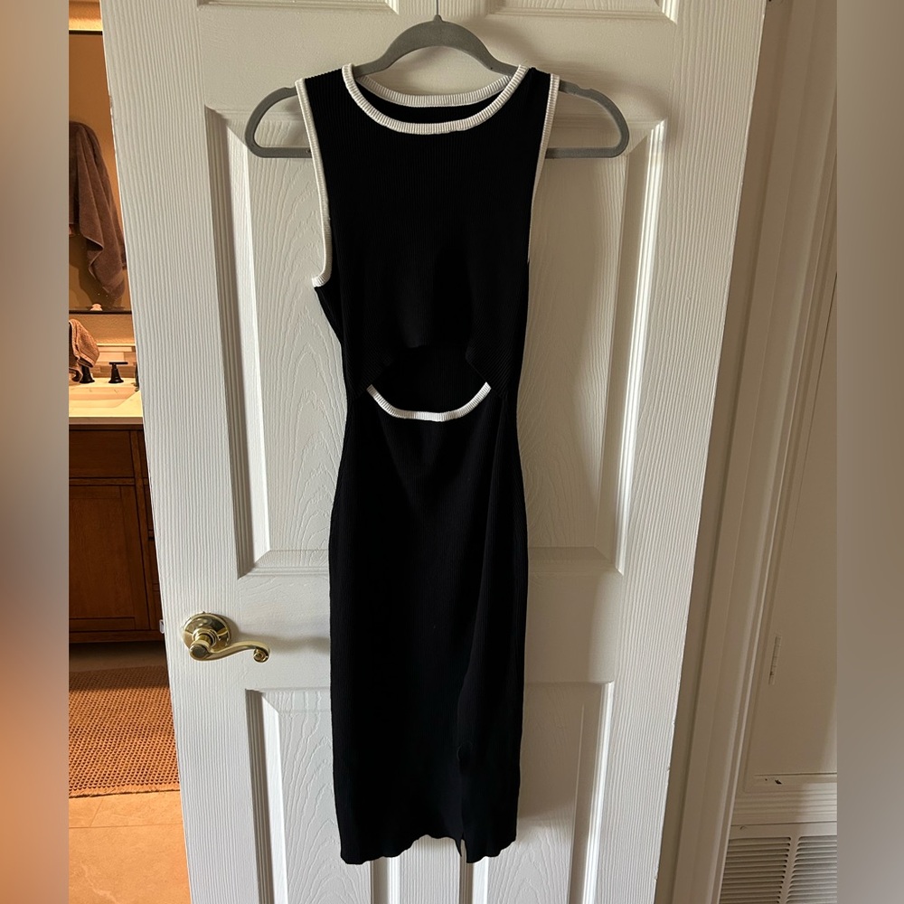 Black Midi Dress with White Trim - Elegant Sleeveless Cutout